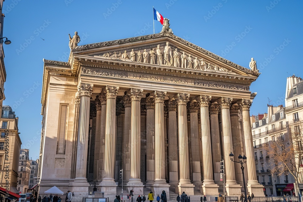 Naklejka premium The building is an ancient Greek style temple with columns and statues on top