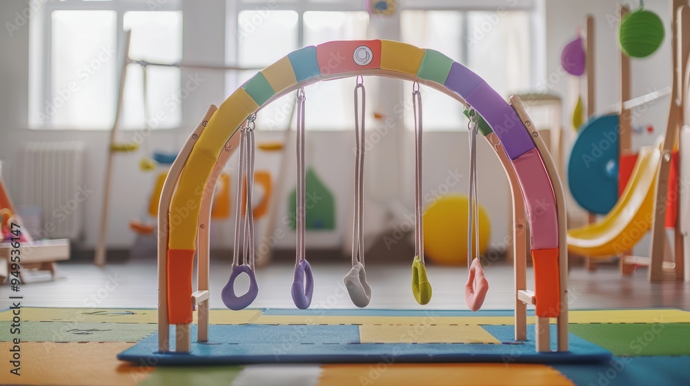 Colorful wooden archway with hanging rings, a fun activity for children in a playroom. Colorful wooden archway with hanging rings, a fun activity for children in a playroom.