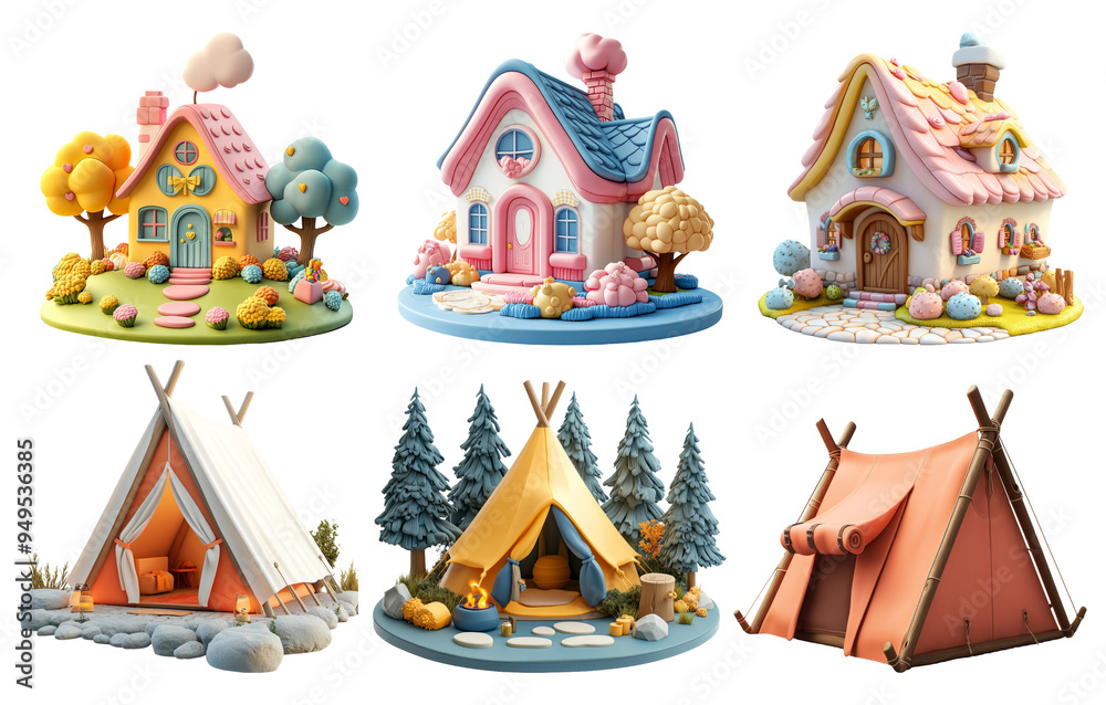 Toy houses and camping tents set isolated on transparent background