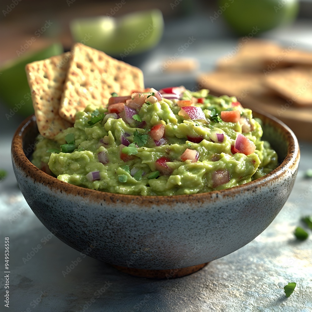 3D Rendered Bowl of Fresh Guacamole with Whole Grain Crackers a Brain Boosting Healthy Snack 3D Rendered Bowl of Fresh Guacamole with Whole Grain Crackers a Brain Boosting Healthy Snack