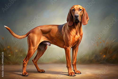 Illustration of Digital Painting of Redbone Coonhound standing, full body