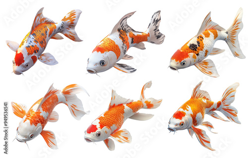 Six swimming koi fish in various poses isolated on transparent background