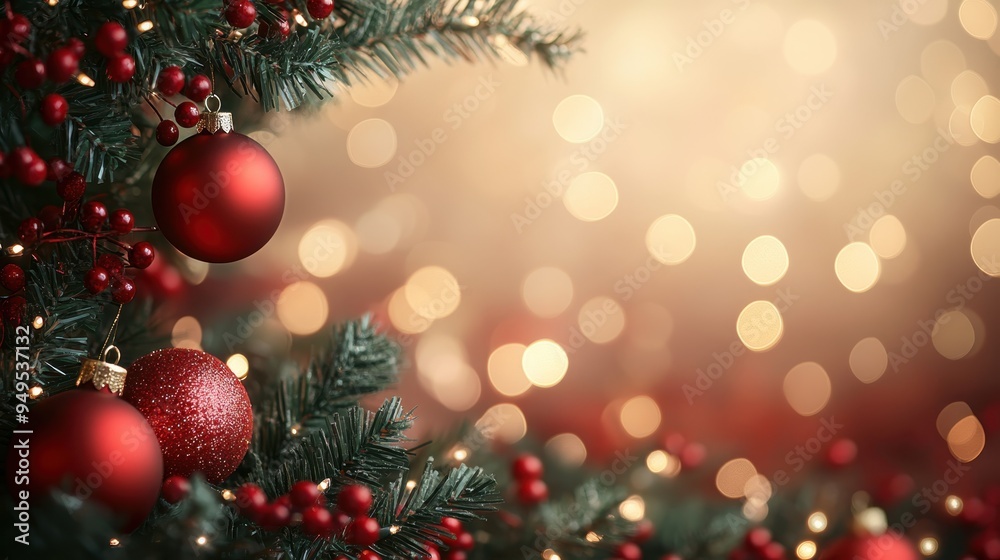 Festive Christmas Bokeh Lights Background with Red Ornaments for Text Overlay Festive Christmas Bokeh Lights Background with Red Ornaments for Text Overlay