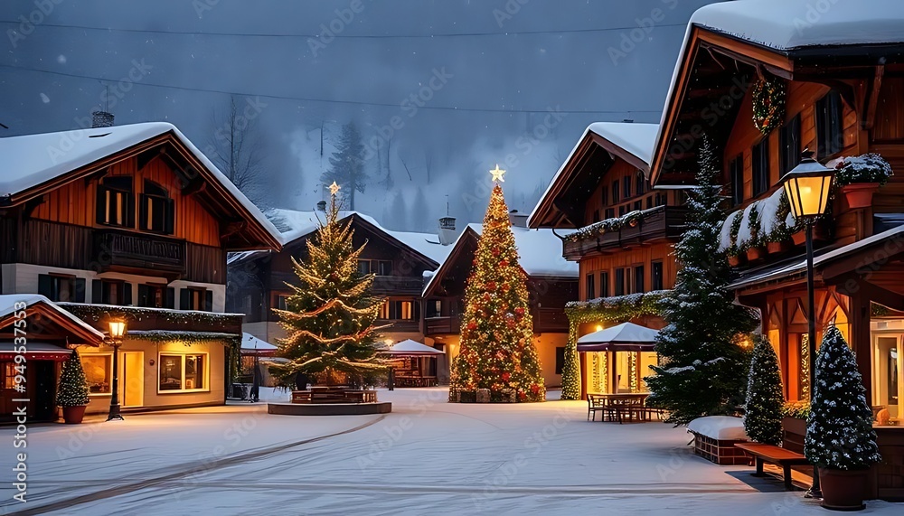 Fototapeta premium Festive Christmas Village with Decorated Christmas Tree Snowy Night