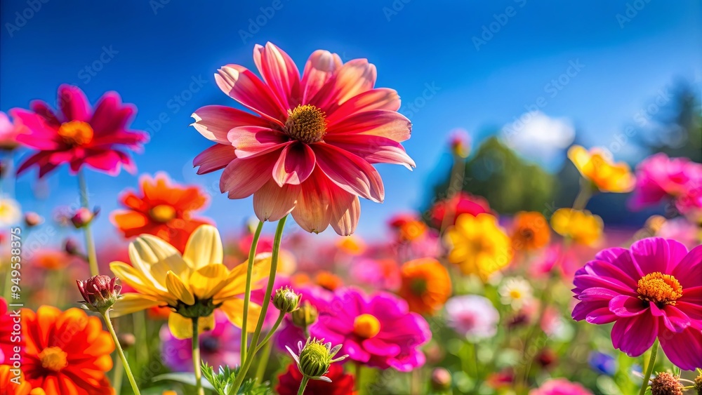 Vibrant flowers in sharp focus against a blurred background with clear blue sky visible Vibrant flowers in sharp focus against a blurred background with clear blue sky visible