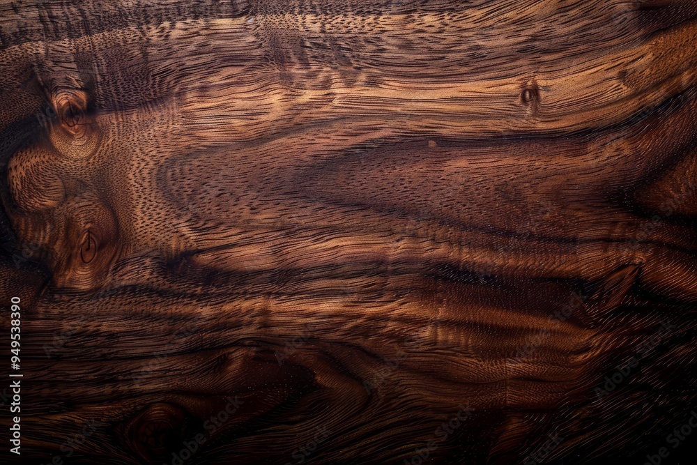 Naklejka premium Detailed close up view of a smooth, polished dark walnut wood surface, Smooth and polished dark walnut wood texture