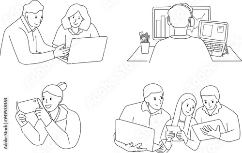 icons people working with technology digital, business, meeting, discuss, work from home, office, vector illustrations