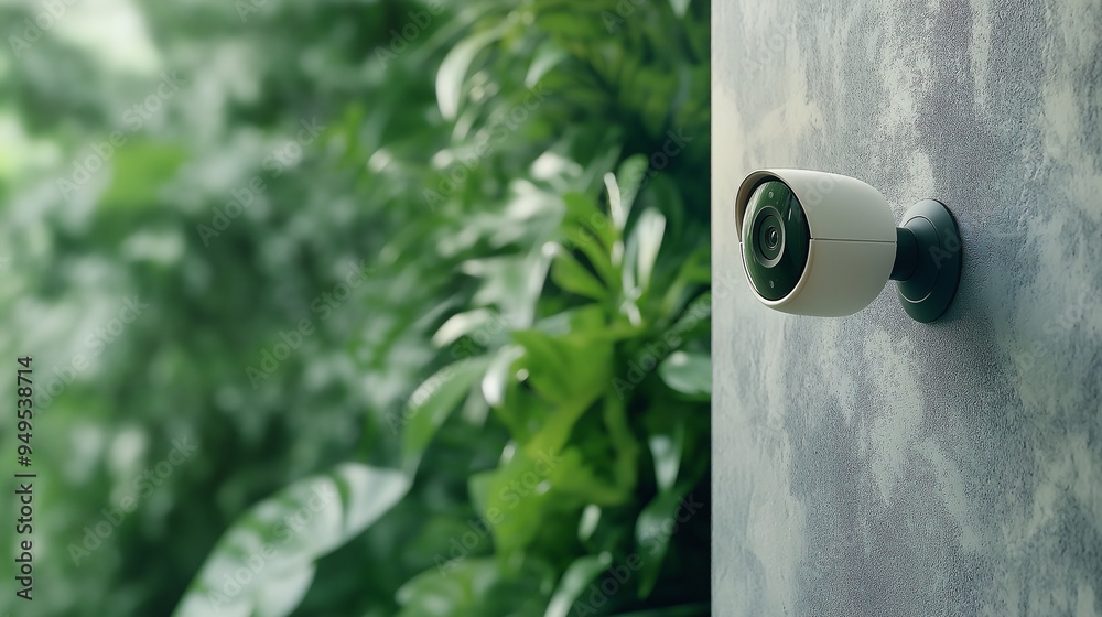 Nest Cam Security: A modern, sleek Nest Cam security camera mounted on a wall, its lens peering out at a lush green foliage background. Nest Cam Security: A modern, sleek Nest Cam security camera mounted on a wall, its lens peering out at a lush green foliage background.