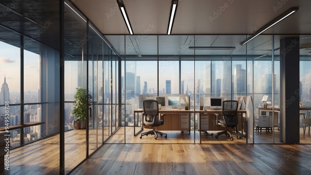 The inside of a modern workplace features glass partitions, a hardwood floor, a city view, and an open-space workspace design. 3D Production The inside of a modern workplace features glass partitions, a hardwood floor, a city view, and an open-space workspace design. 3D Production