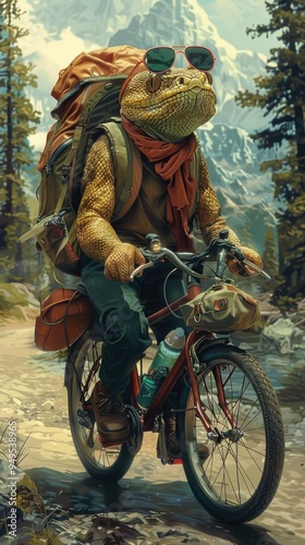 The concept of tourism. Lizard in sunglasses riding a bike with a backpack