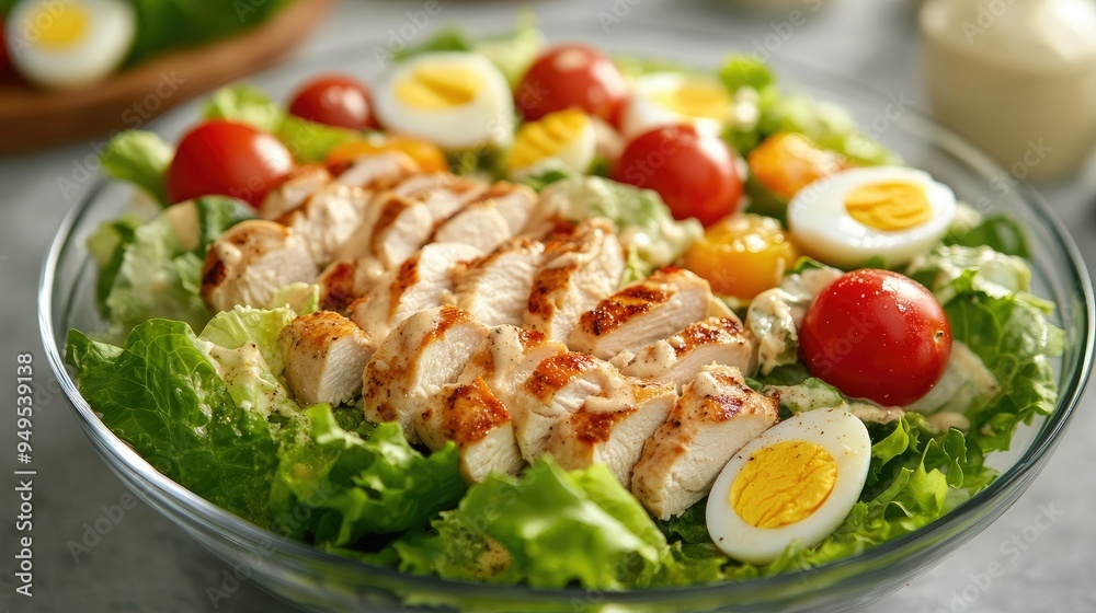 A beautifully arranged Caesar salad in a clear bowl, with crisp lettuce, juicy tomatoes, quartered boiled eggs, and tender grilled chicken, drizzled with creamy Caesar dressing A beautifully arranged Caesar salad in a clear bowl, with crisp lettuce, juicy tomatoes, quartered boiled eggs, and tender grilled chicken, drizzled with creamy Caesar dressing