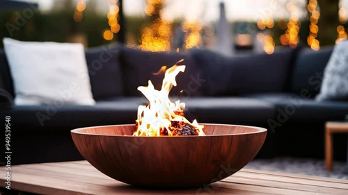 Cozy backyard gathering with a modern fire pit and comfortable seating at dusk