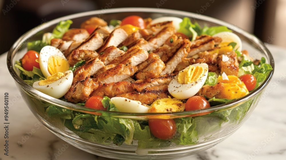 A beautifully presented Caesar salad in a transparent glass bowl, with layers of fresh lettuce, cherry tomatoes, hard-boiled egg slices, and grilled chicken strips A beautifully presented Caesar salad in a transparent glass bowl, with layers of fresh lettuce, cherry tomatoes, hard-boiled egg slices, and grilled chicken strips