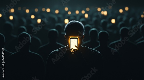Lost in the Glow: A solitary figure illuminated by their phone in a crowd consumed by darkness, highlighting the isolating nature of technology in the modern age. 