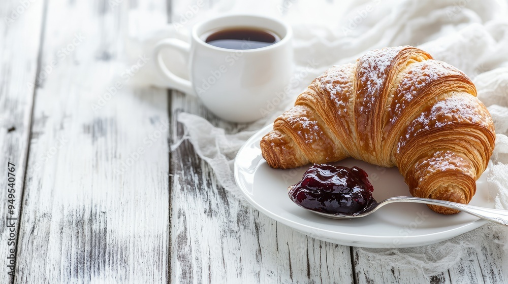 A bright and inviting breakfast scene with coffee, a croissant, and a spoonful of jam, set on a white wooden table, capturing the essence of a romantic French morning