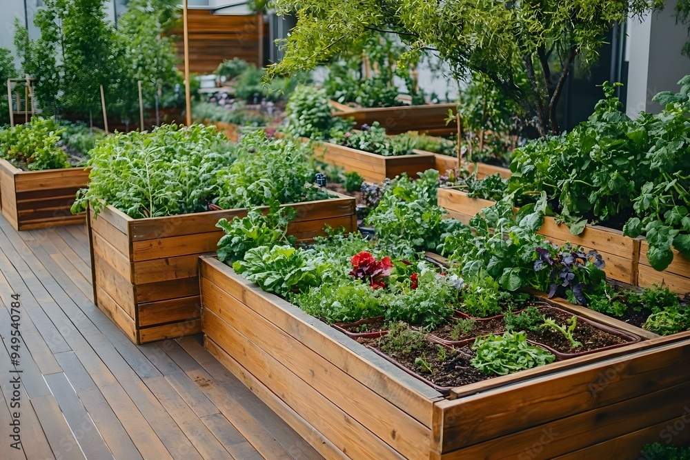 raised beds with vegetables in wooden boxes, urban community garden raised beds with vegetables in wooden boxes, urban community garden
