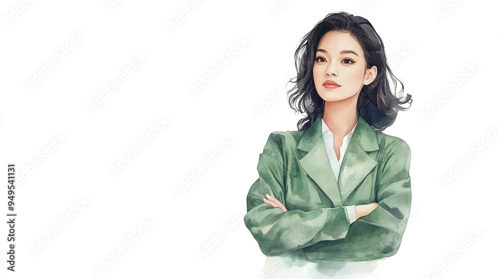 Woman with Arms Crossed in Green Jacket Watercolor Illustration Woman with Arms Crossed in Green Jacket Watercolor Illustration