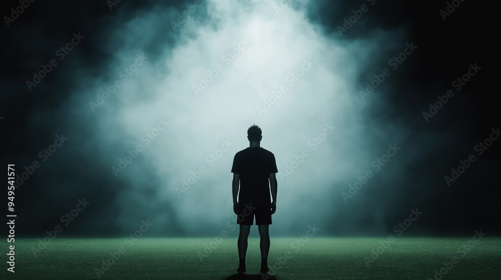 Into the Unknown: A lone figure silhouetted against an ethereal, smoky backdrop on a grassy field, evoking mystery, contemplation, and the allure of the unseen. Into the Unknown: A lone figure silhouetted against an ethereal, smoky backdrop on a grassy field, evoking mystery, contemplation, and the allure of the unseen.