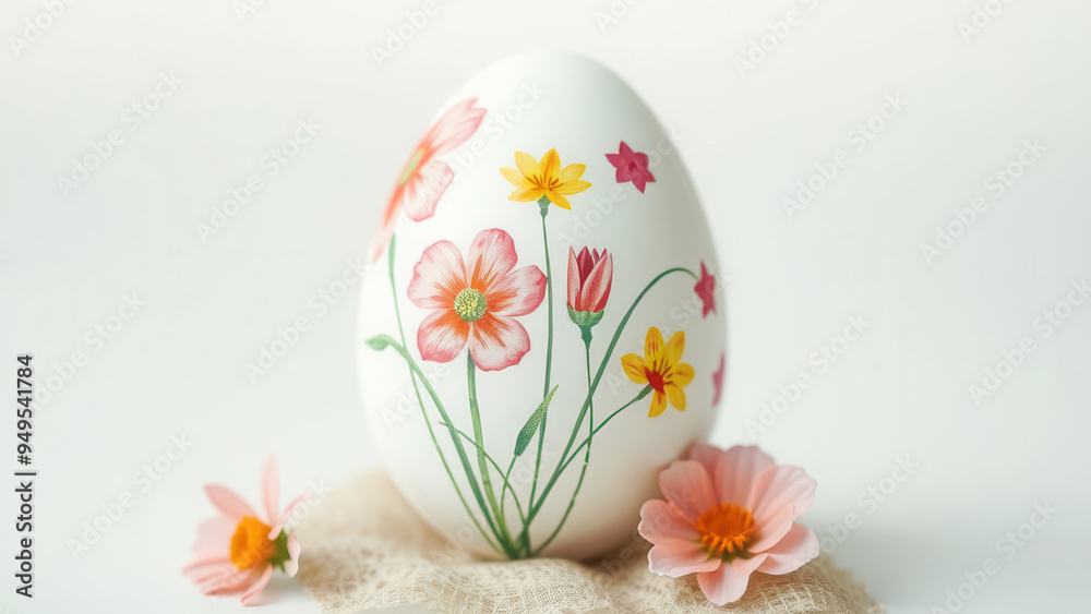 Fototapeta premium Beautiful easter egg with flowers and copy space