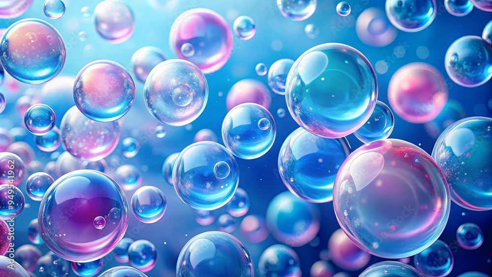 A whimsical painting of pink and blue bubbles floating on a serene blue background A whimsical painting of pink and blue bubbles floating on a serene blue background
