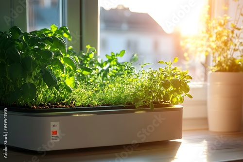 Indoor herb garden, various fresh herbs, growing in modern aeroponic system, sunlight, kitchen photo