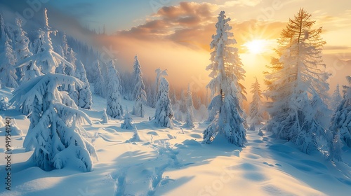 Beautiful winter landscape majestic white spruces glowing by sunlight