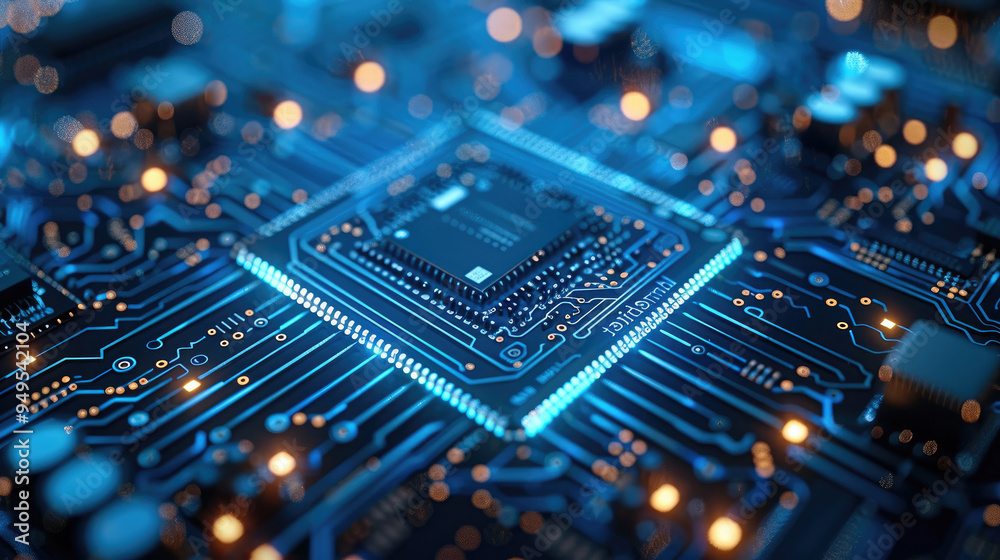 Digital blue circuit board with a chip, a technological background. Digital technology concept. the chip and the lines of electronic circuits that form an intricate pattern on it. Generative AI. Digital blue circuit board with a chip, a technological background. Digital technology concept. the chip and the lines of electronic circuits that form an intricate pattern on it. Generative AI.
