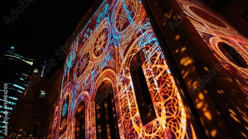 A close-up shot of a light installation at Vivid Sydney, with intricate patterns projected onto historic buildings, creating a dynamic visual experience photo