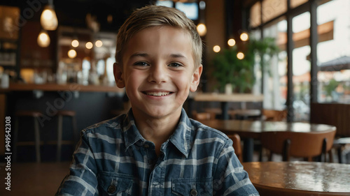 young kid caucasian boy cafe restaurant background portrait 