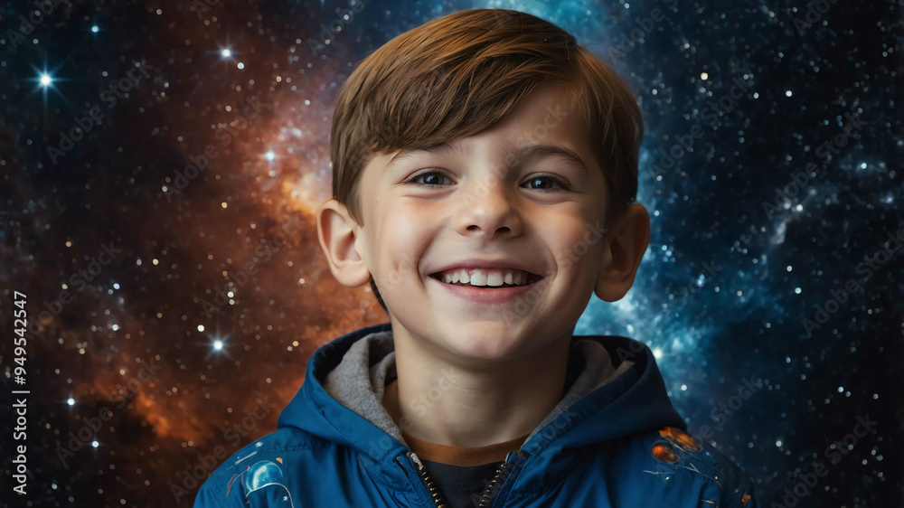 young kid caucasian boy space cosmos background portrait young kid caucasian boy space cosmos background portrait