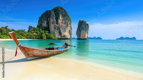 A colorful long-tail boat anchored on the pristine sandy beach of Krabi, Thailand, with towering limestone rocks in the background under a clear blue sky