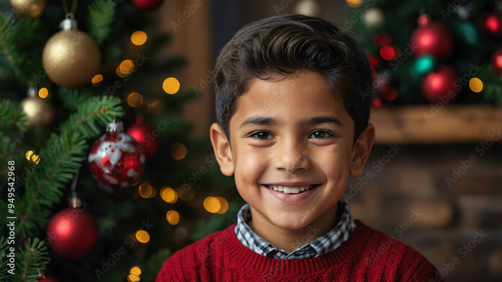 young kid hispanic boy christmas tree background portrait young kid hispanic boy christmas tree background portrait