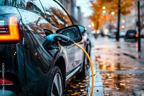 Charging modern electric car battery on the street