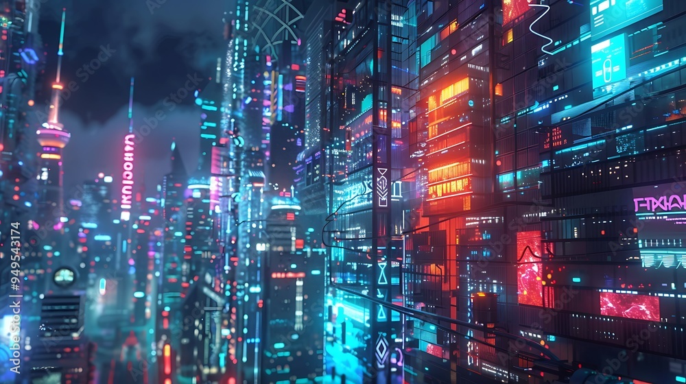 Obraz premium Cyberpunk city wall graffiti neon glow concept.