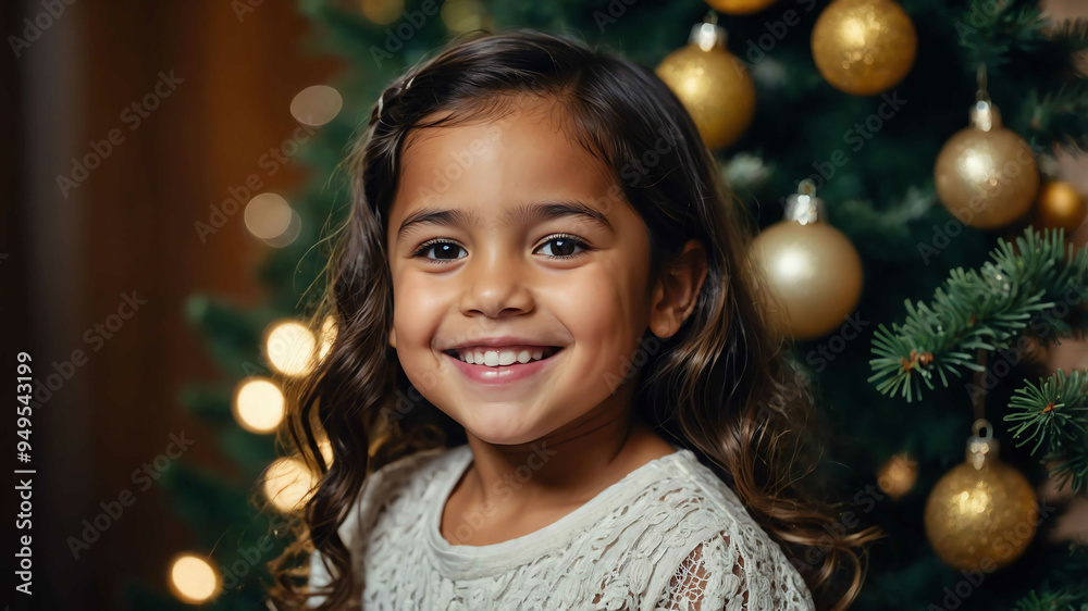 young kid hispanic girl christmas tree background portrait young kid hispanic girl christmas tree background portrait