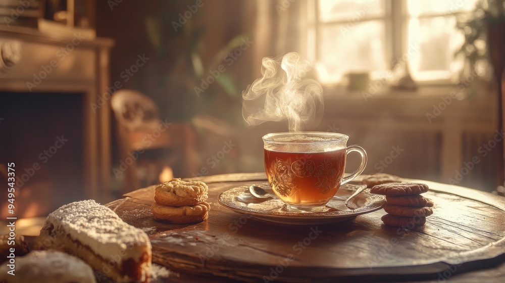 A cozy tea scene with a steaming cup, cookies, and a cake slice, placed on an old wooden table. A warm, inviting setup ideal for dessert and tea lovers A cozy tea scene with a steaming cup, cookies, and a cake slice, placed on an old wooden table. A warm, inviting setup ideal for dessert and tea lovers