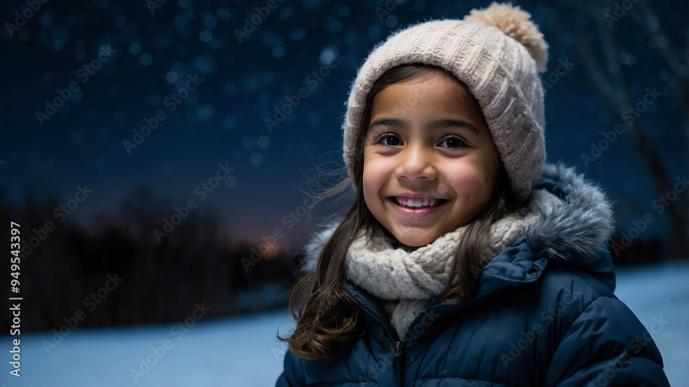 young kid hispanic girl winter night background portrait young kid hispanic girl winter night background portrait