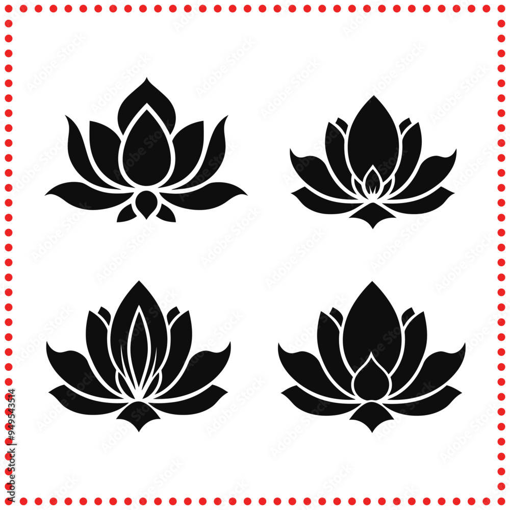 Elegant Black and White Vector Lotus Blossom Silhouette, Symbolic Design for Cultural Art and Home Decor Elegant Black and White Vector Lotus Blossom Silhouette, Symbolic Design for Cultural Art and Home Decor