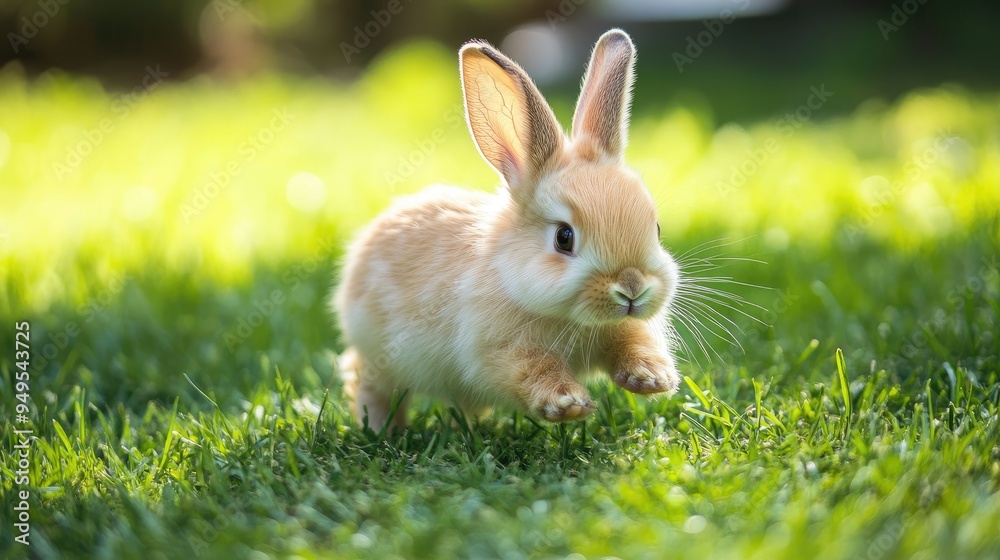 A cute baby rabbit with fluffy fur runs across a grassy yard, nibbling on fresh green grass, showcasing its playful nature, perfect for pet-themed photos A cute baby rabbit with fluffy fur runs across a grassy yard, nibbling on fresh green grass, showcasing its playful nature, perfect for pet-themed photos