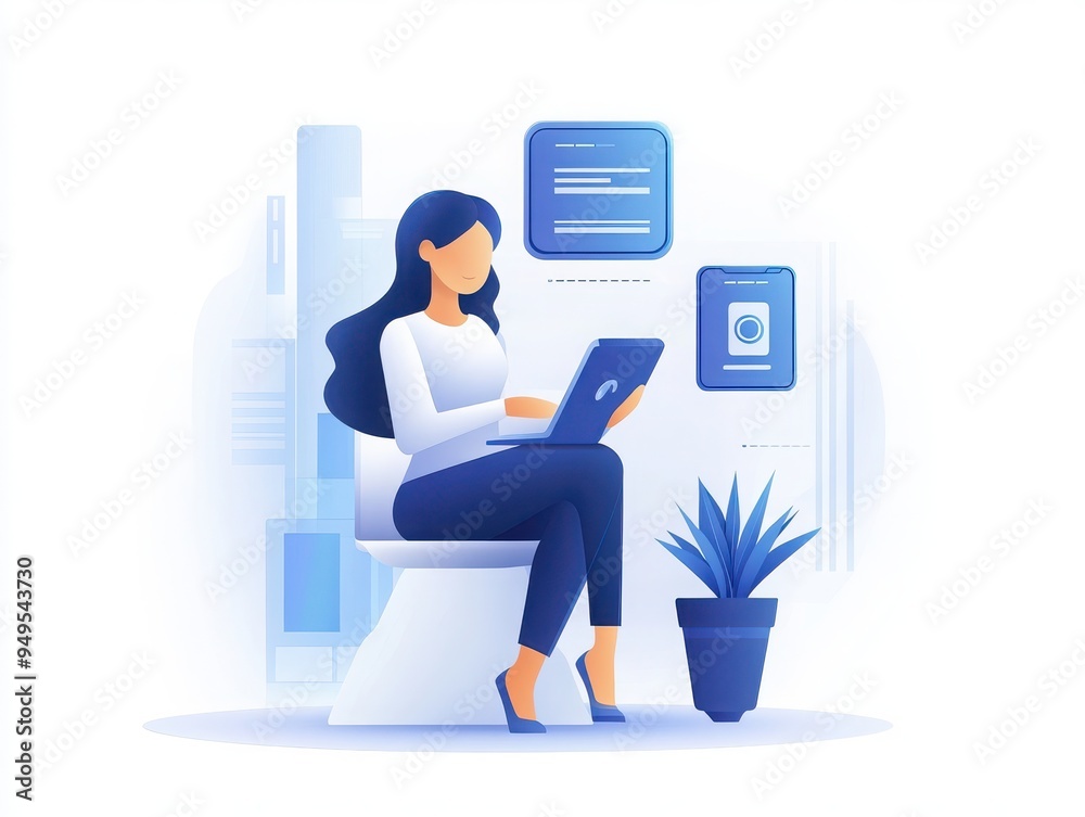 A woman uses a laptop on a toilet, combining relaxation and productivity in a modern setting with plants and digital screens. A woman uses a laptop on a toilet, combining relaxation and productivity in a modern setting with plants and digital screens.