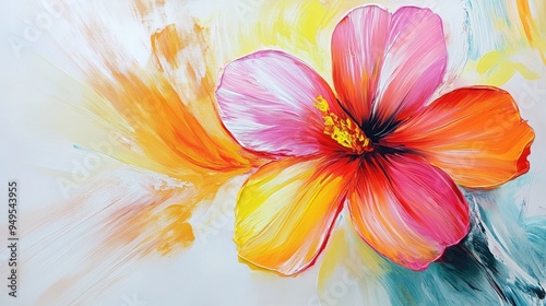 Beautiful painted flower, crafted as a temporary art piece, set against a dynamic white-light grey abstract background, full of vibrant colors