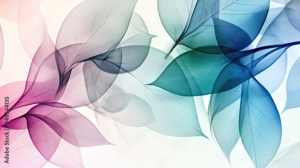 Obraz premium Beautiful transparent leaves, overlapping vibrantly in a dynamic abstract design, set against a white-light grey background