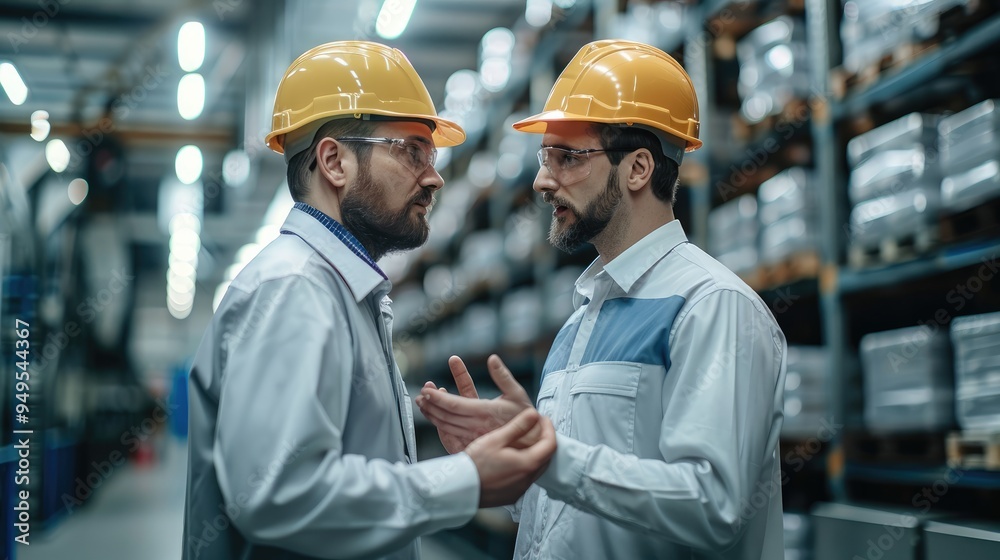 Engineer, foreman consulting with director in modern industrial factory, talking about new production project or investment. Team management in manufacturing facility. Generative AI. Engineer, foreman consulting with director in modern industrial factory, talking about new production project or investment. Team management in manufacturing facility. Generative AI.