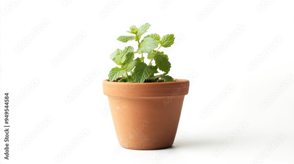 A terracotta pot with a healthy green mint plant against a white background, showcasing simplicity and the beauty of indoor potted herbs. A terracotta pot with a healthy green mint plant against a white background, showcasing simplicity and the beauty of indoor potted herbs.