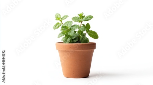 A terracotta pot with a fresh, green mint plant against a clean, white background, symbolizing gardening, freshness, and the simplicity of growing herbs indoors.