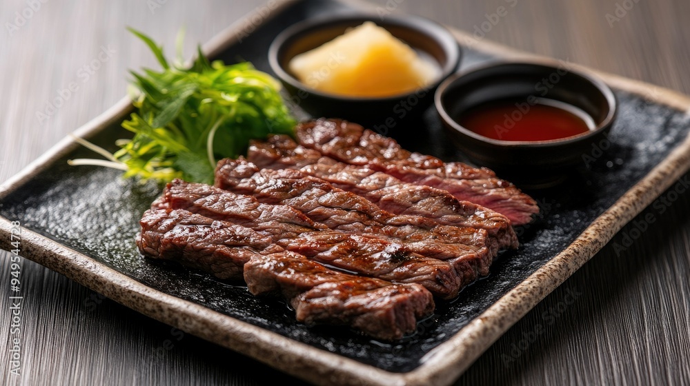 A delicious serving of Japanese beef on a traditional plate, accompanied by dipping sauces. Gourmet presentation, perfect for fine dining content. A delicious serving of Japanese beef on a traditional plate, accompanied by dipping sauces. Gourmet presentation, perfect for fine dining content.
