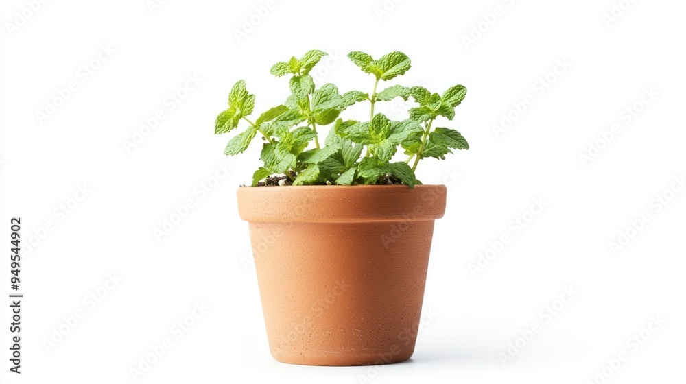 A terracotta pot holds a vibrant green mint plant with multiple leaves, isolated on a white background, symbolizing domestic gardening and freshness.