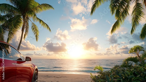 Image of red car parked on a tropical beach at sunset.