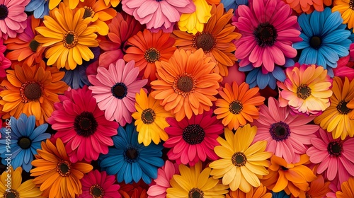 Colorful daisy flowers, bright and cheerful, perfect for spring background.