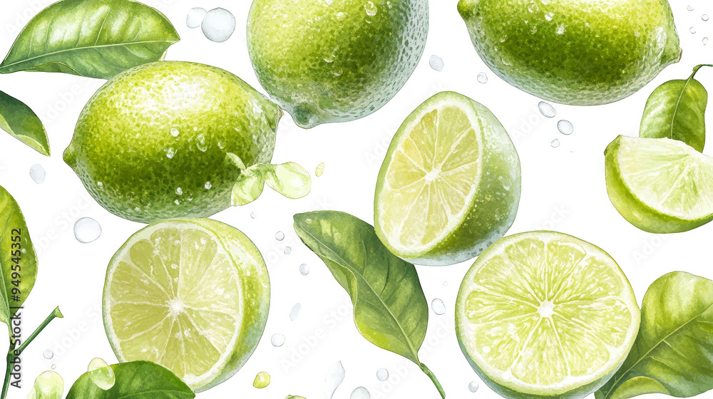 Fresh Limes Green Leaves White Background Fresh Limes Green Leaves White Background